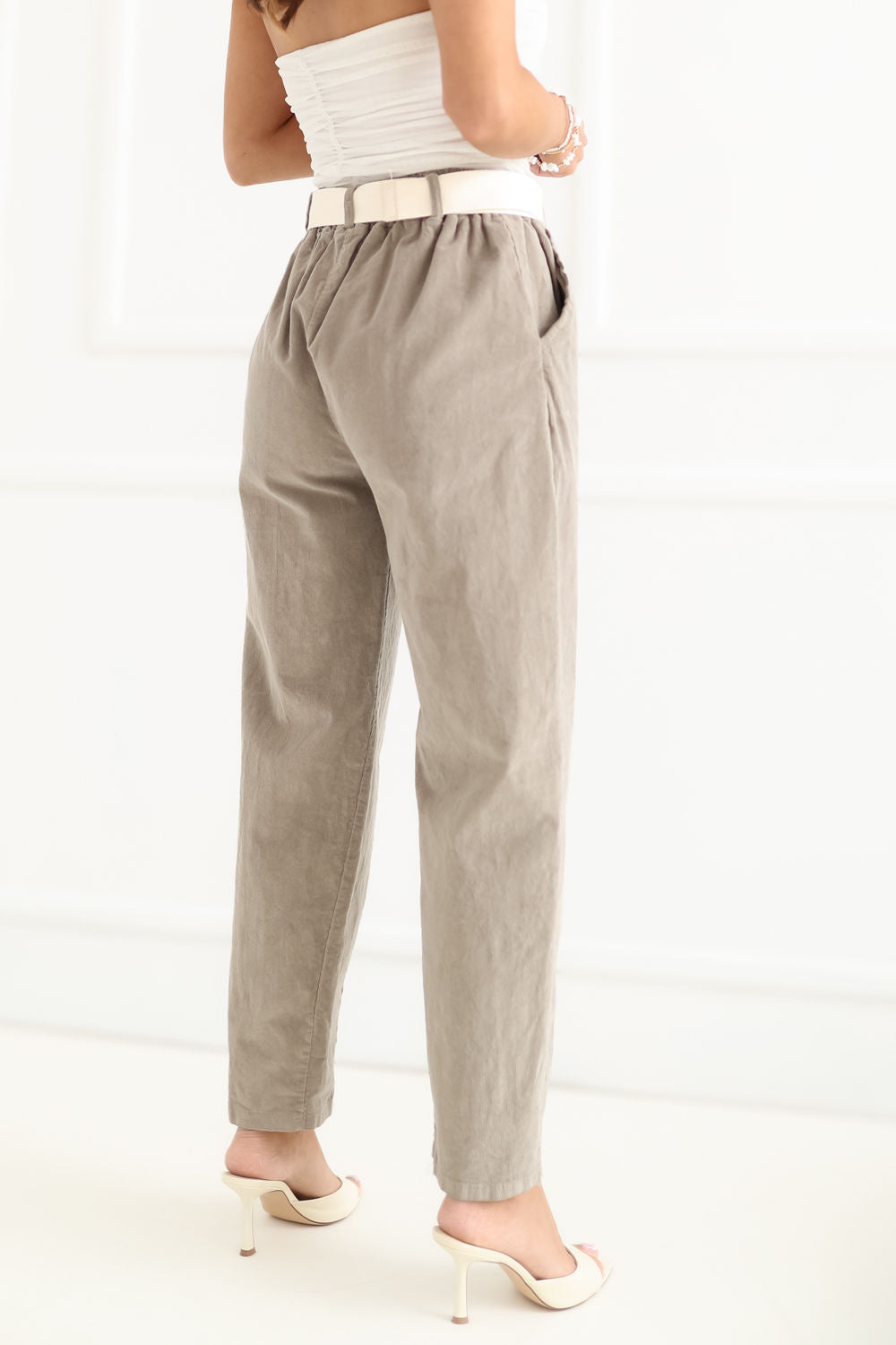 Italy Moda Dark Beige High Waisted Cotton Corduroy Trousers - view 3