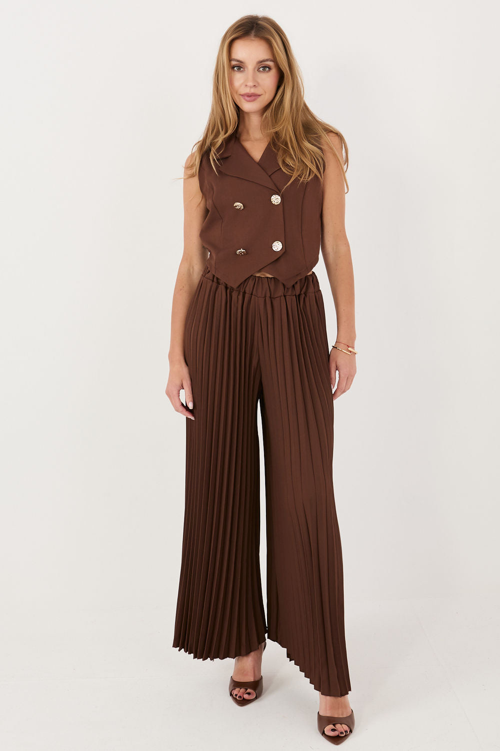 Italy Moda Dark Brown Pleated Sleeveless Co-Ord Set