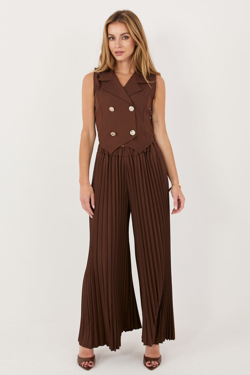 Italy Moda Dark Brown Pleated Sleeveless Co-Ord Set - view 3