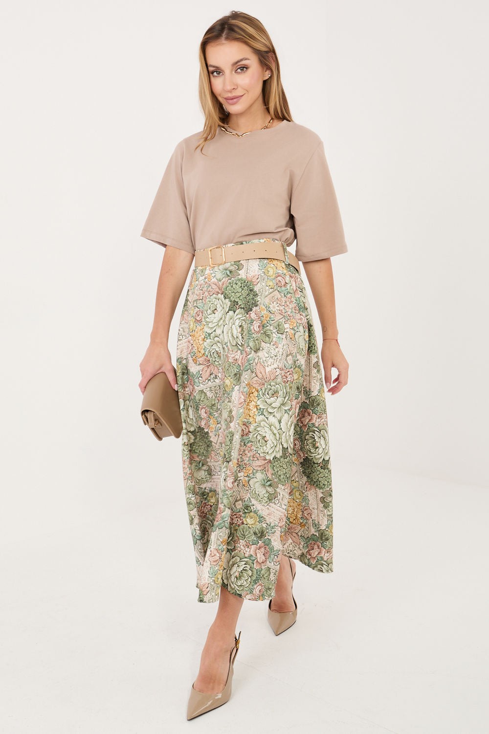 Italy Moda Green Floral Midi Skirt