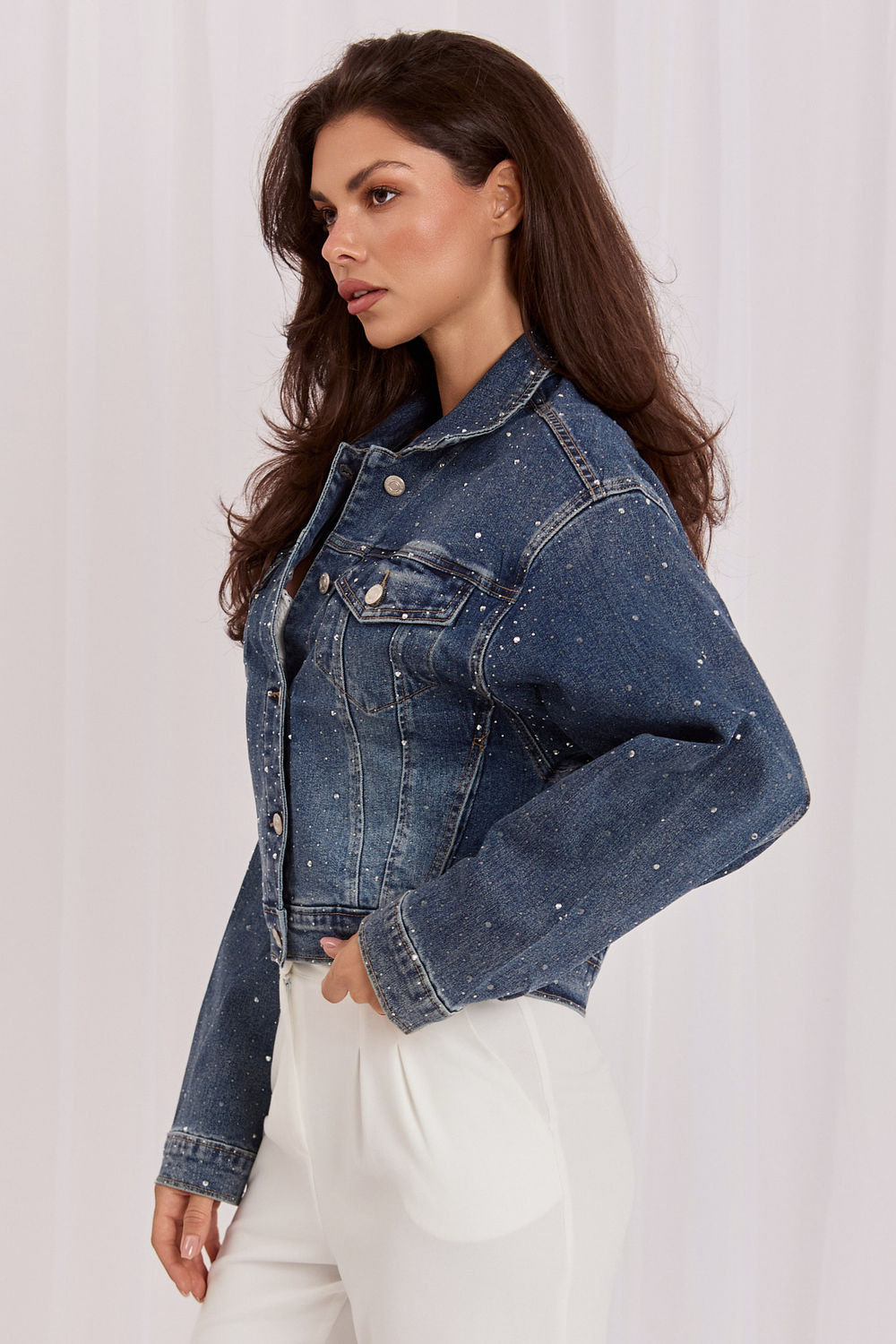 Italy Moda Dark Blue Collared Cotton Denim Jacket