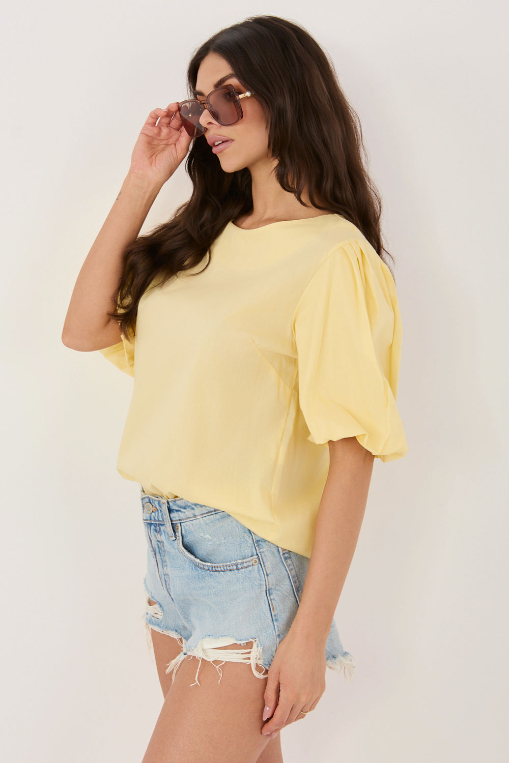 Italy Moda Light Yellow Puff Sleeve Cotton Blouse - view 2