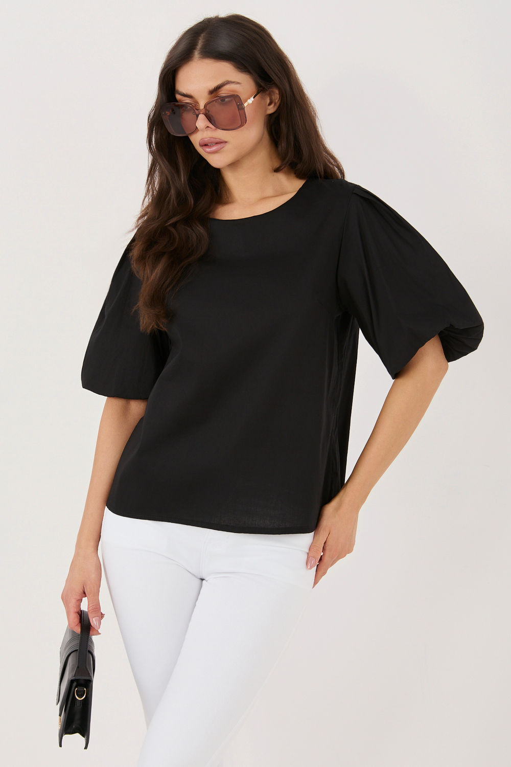 Italy Moda Black Puff Sleeve Cotton Blouse