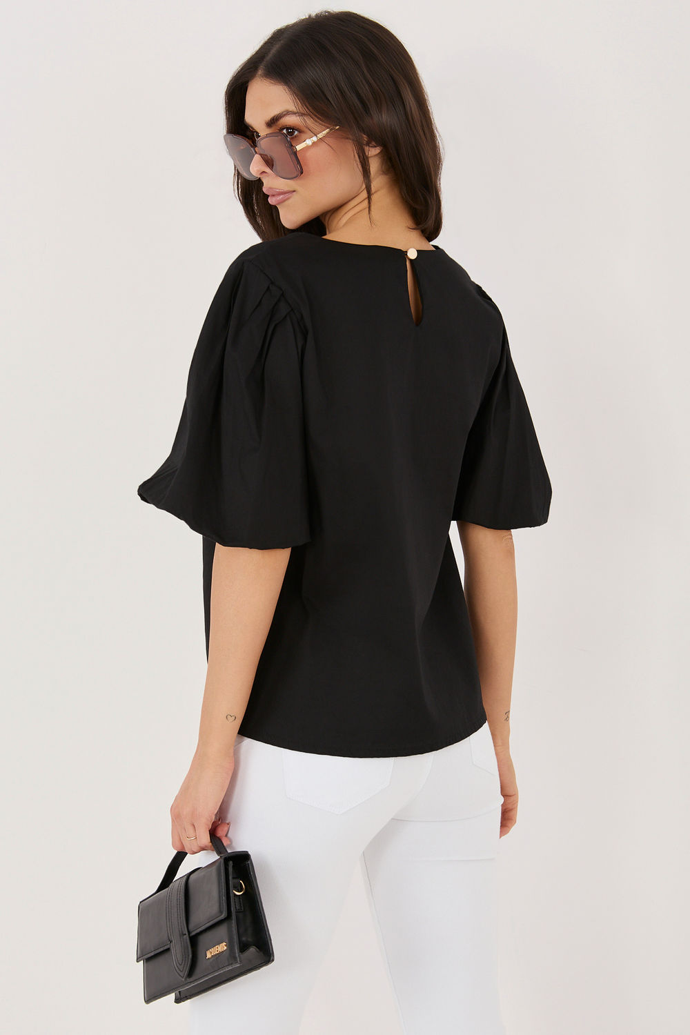 Italy Moda Black Puff Sleeve Cotton Blouse - view 3