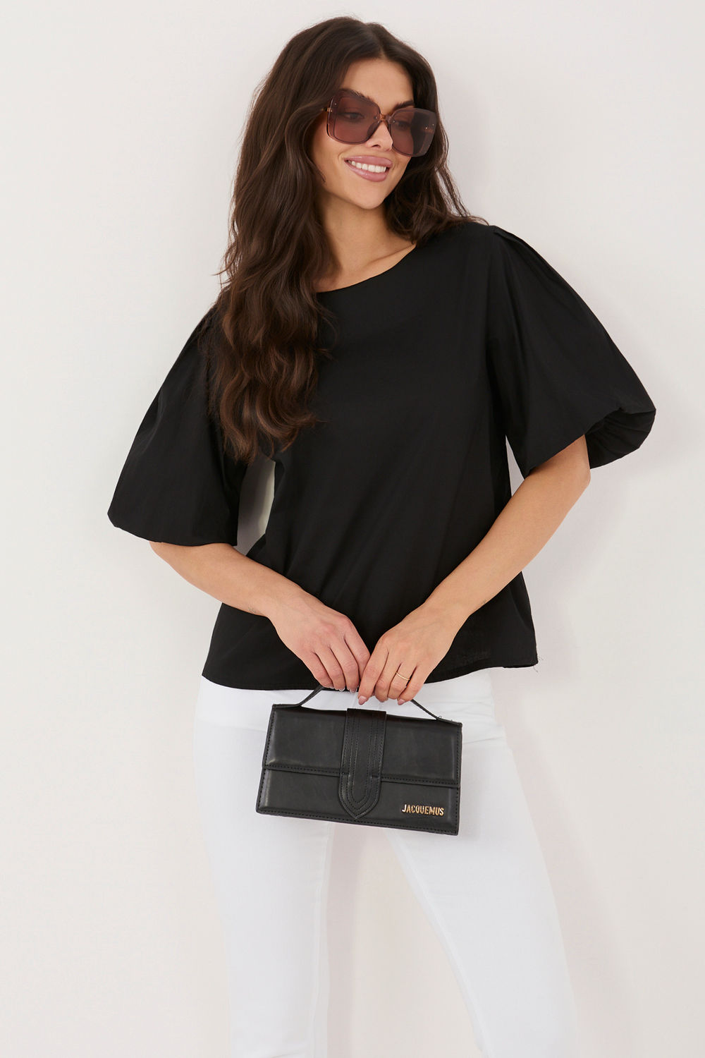Italy Moda Black Puff Sleeve Cotton Blouse - view 4