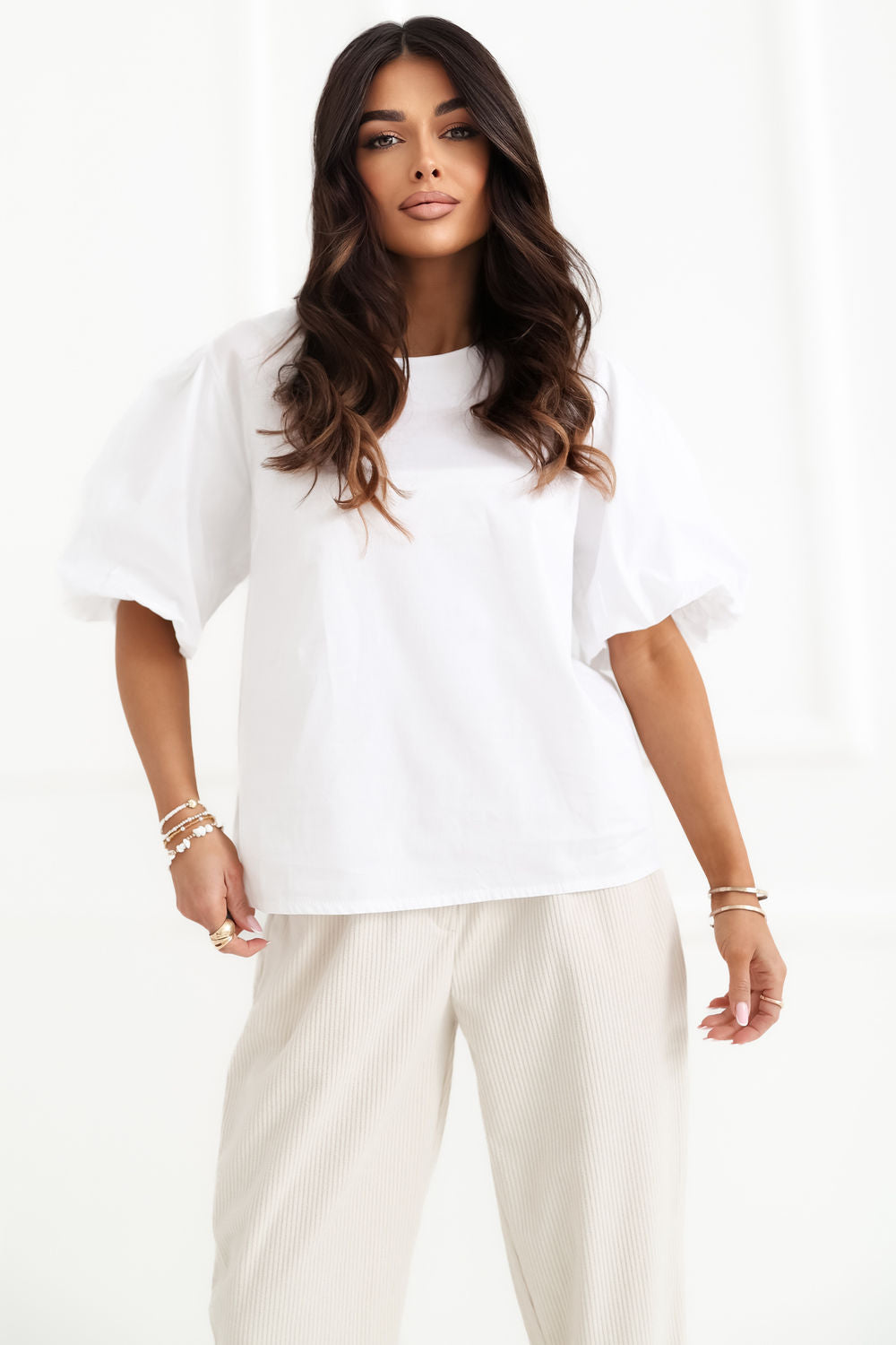 Italy Moda White Puff Sleeve Cotton Blouse
