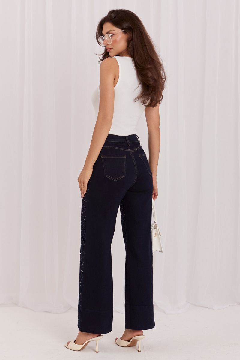 Italy Moda Navy Wide Leg High Waisted Jeans - view 4