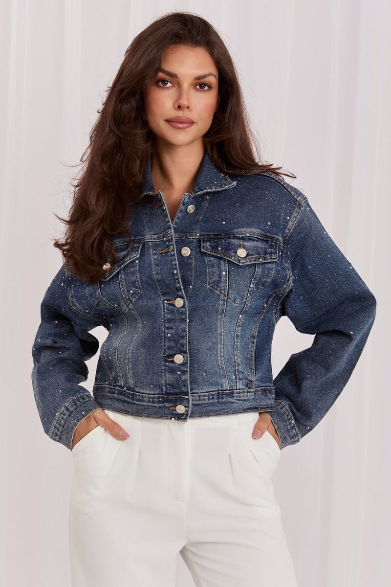 Italy Moda Dark Blue Collared Cotton Denim Jacket - view 3