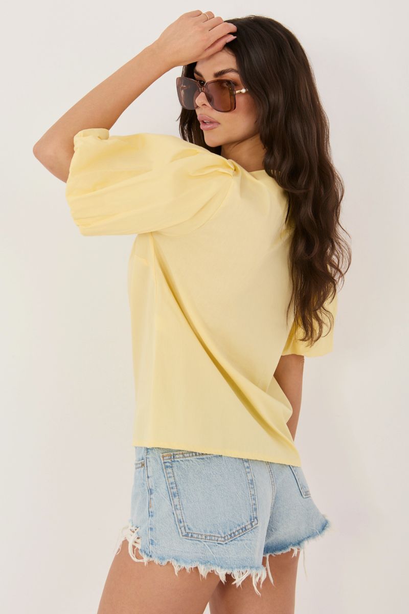 Italy Moda Light Yellow Puff Sleeve Cotton Blouse - view 3