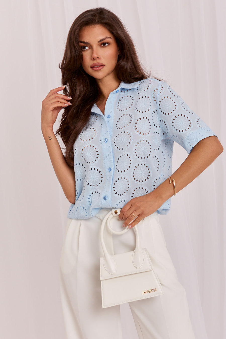 Lakerta Light Blue Lace Cotton Short Sleeve Top