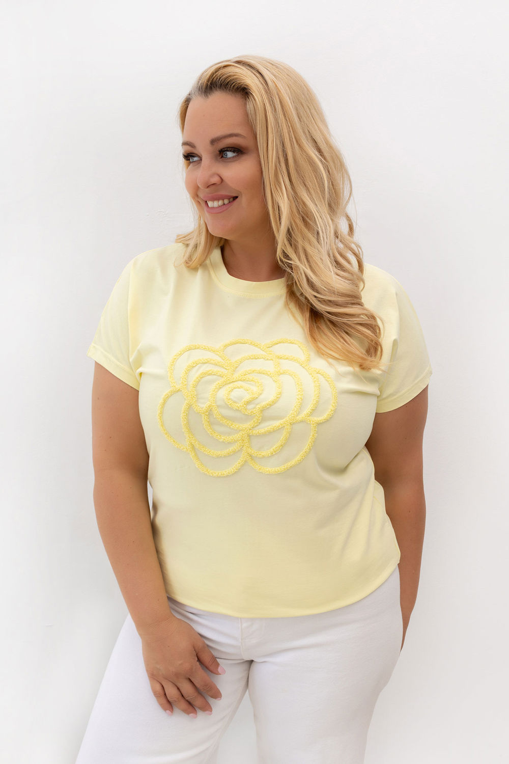Relevance Light Yellow Floral Short Sleeve Plus Size T-Shirt