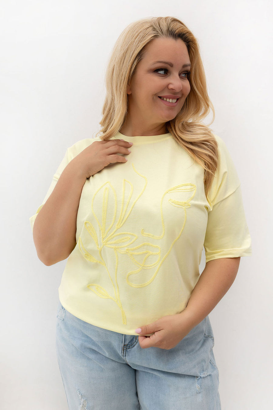Relevance Light Yellow Round Neck Short Sleeve Cotton Plus Size T-Shirt