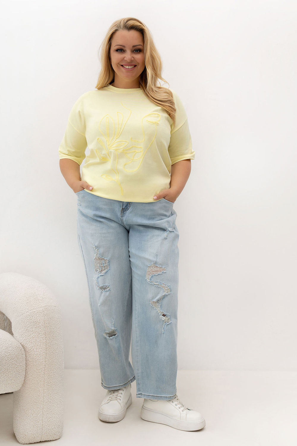 Relevance Light Yellow Round Neck Short Sleeve Cotton Plus Size T-Shirt - view 2