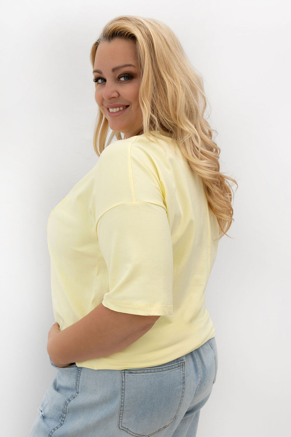 Relevance Light Yellow Round Neck Short Sleeve Cotton Plus Size T-Shirt - view 3