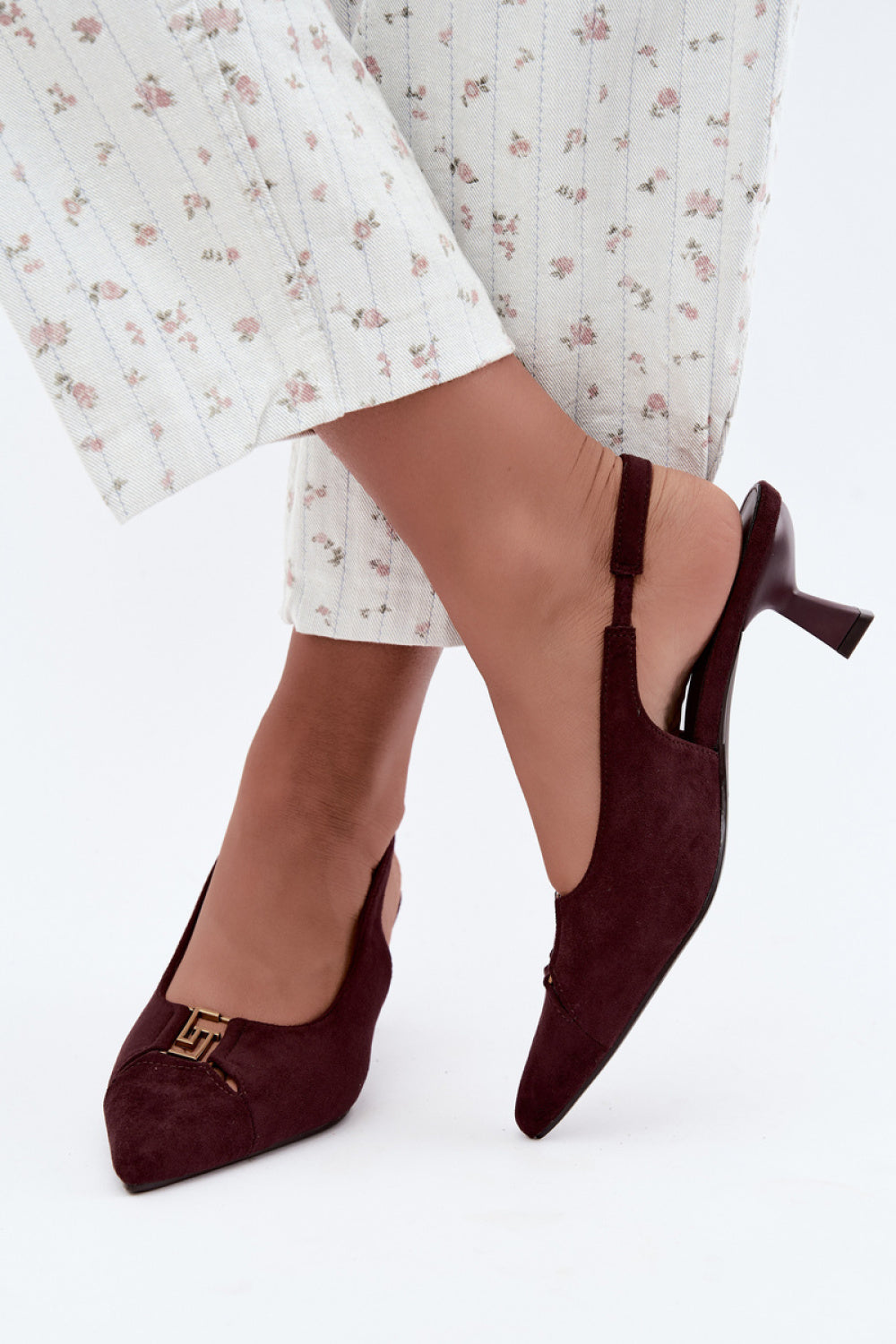 Step In Style Gilly Burgundy Faux Suede Block Heel Court Shoes