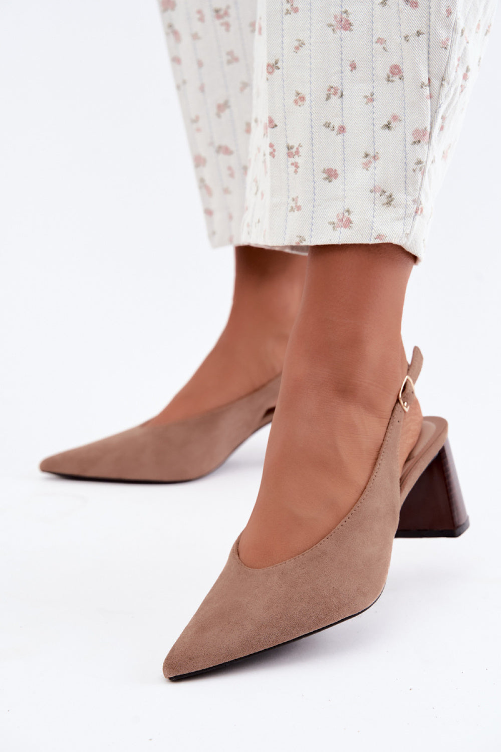 Step In Style Sorenia Beige Faux Suede Block Heel Court Shoes
