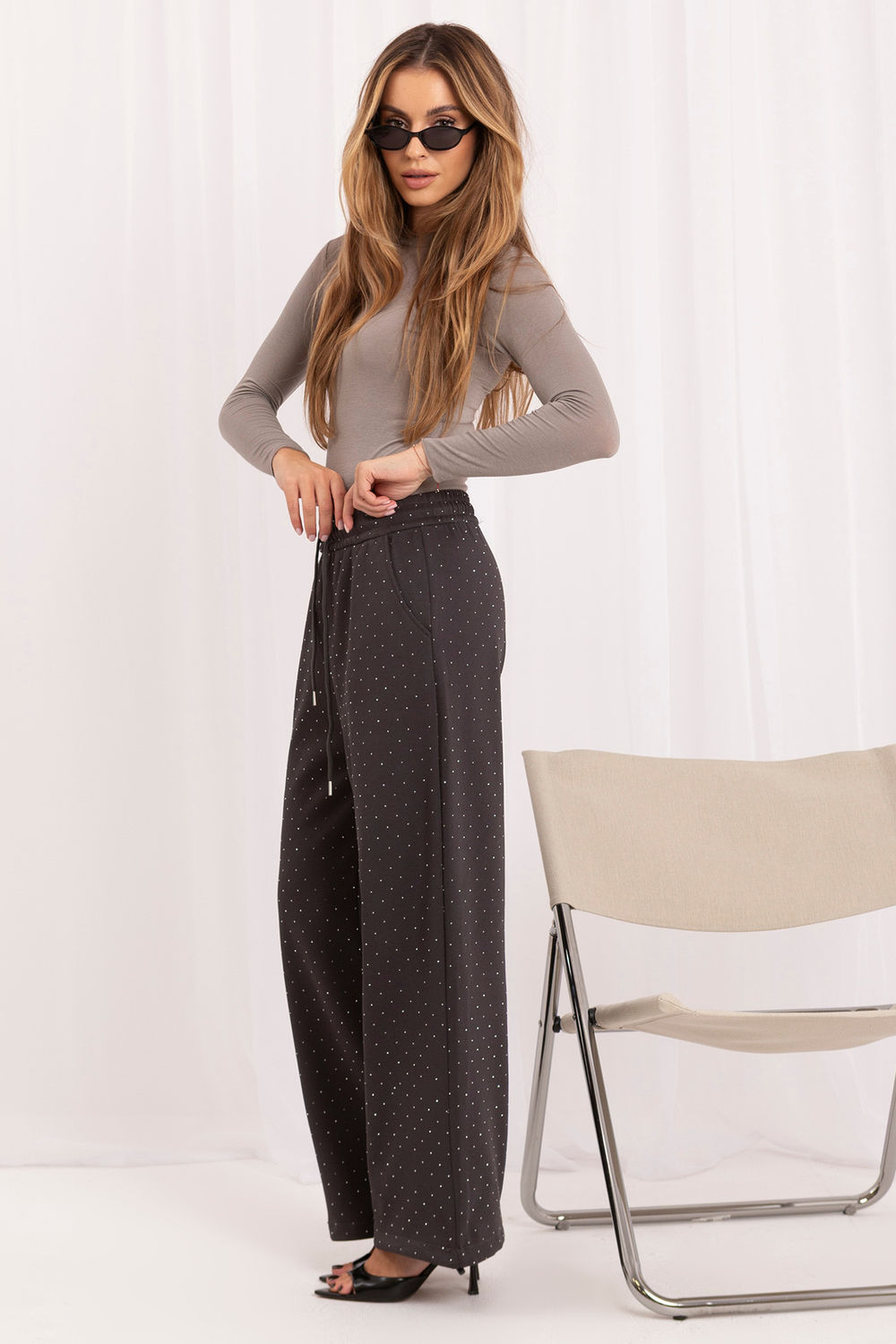 Italy Moda Graphite Wide Leg High Waisted Joggers - view 2