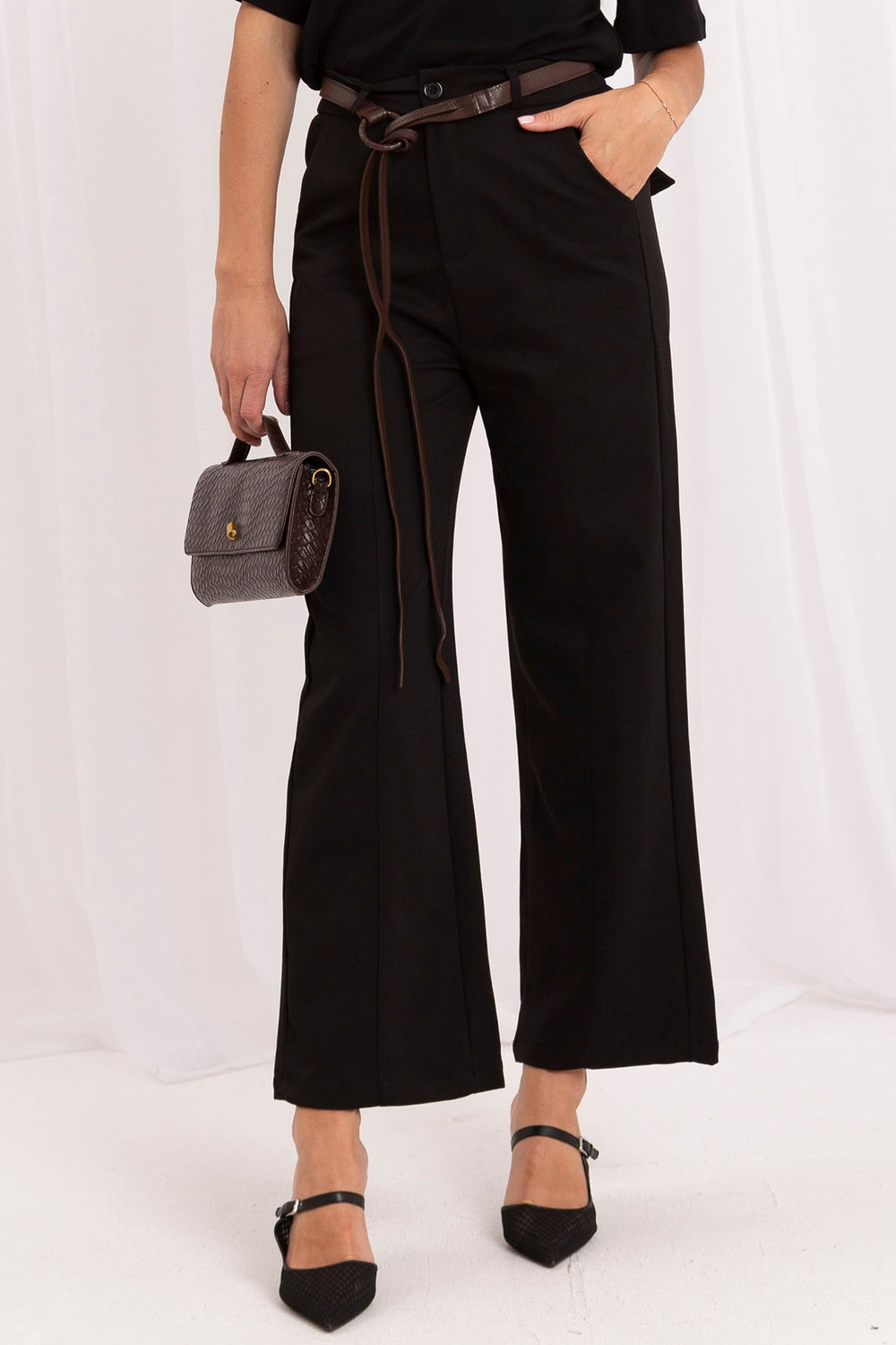 Italy Moda Black Wide Leg High Waisted Trousers with Pockets