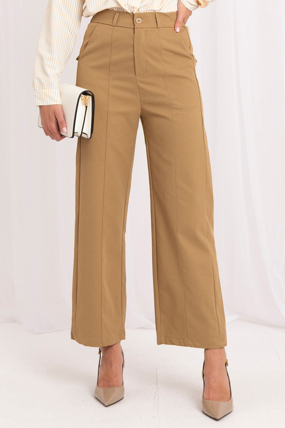 Italy Moda Camel Polyester Wide Leg High Waisted Trousers