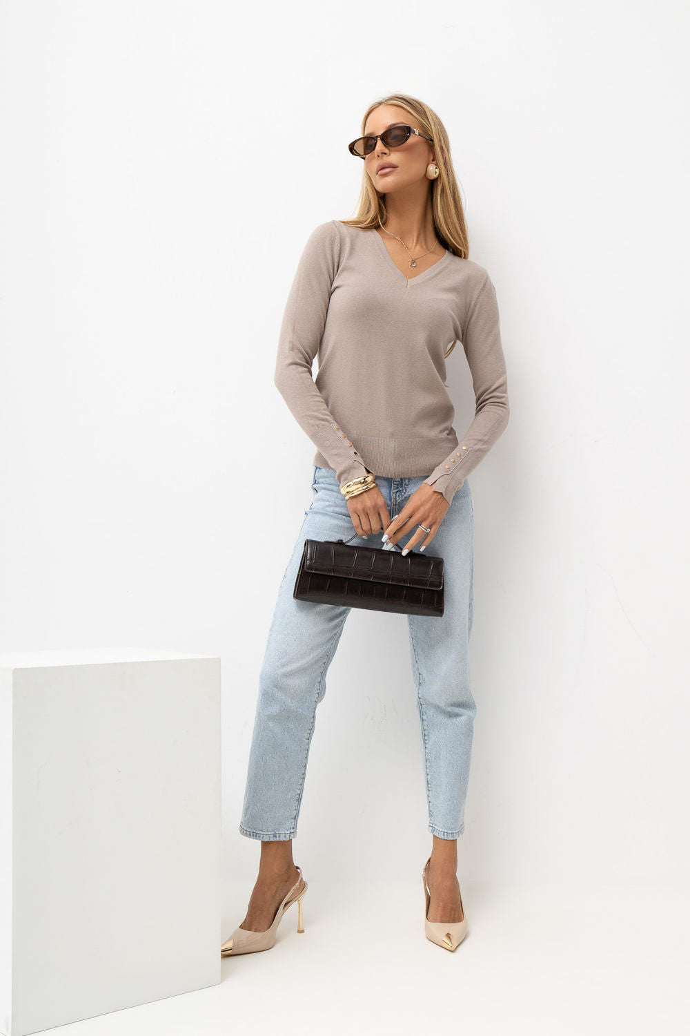Italy Moda Beige V-Neck Long Sleeve Jumper - view 2