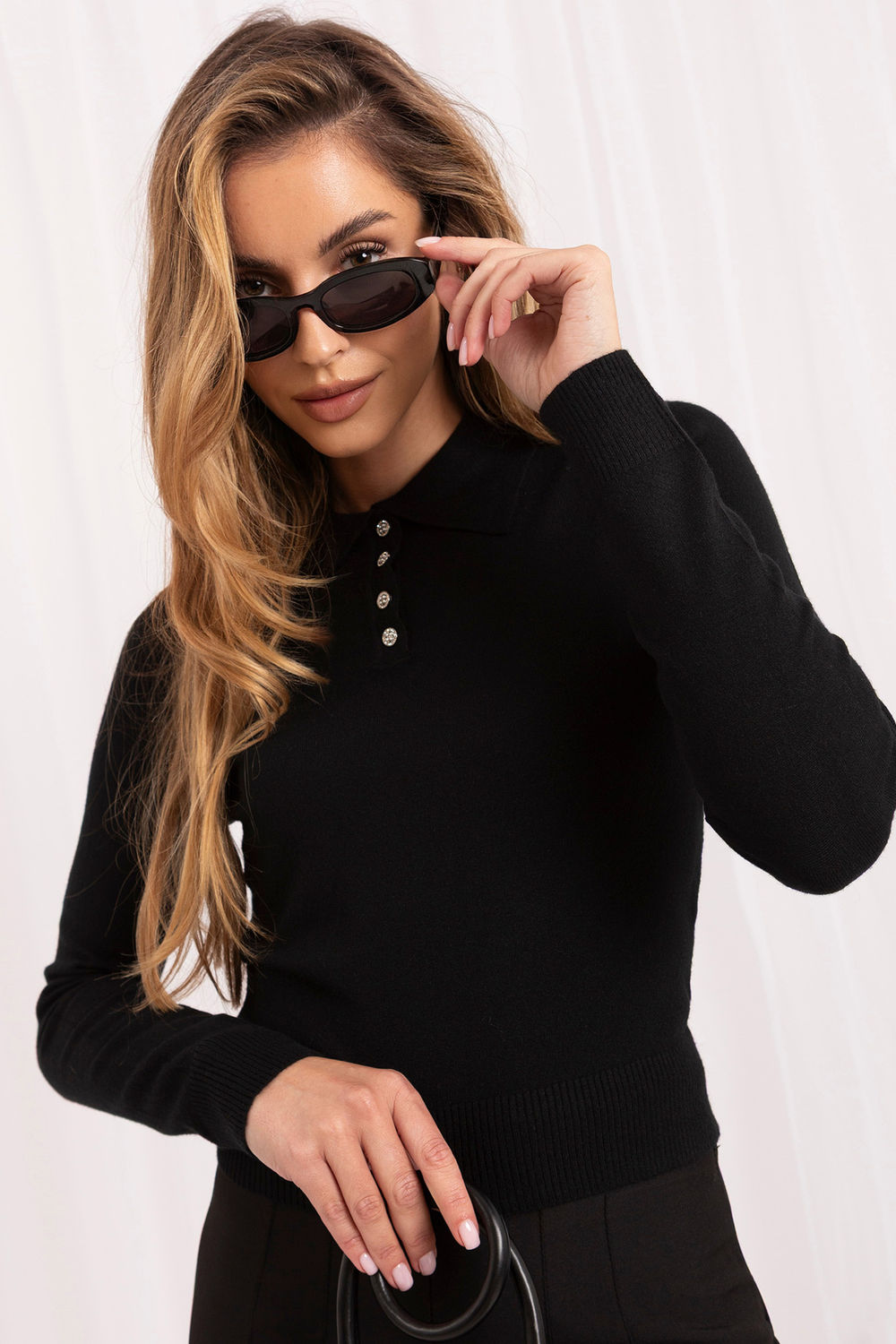 Italy Moda Black Collared Long Sleeve Jumper