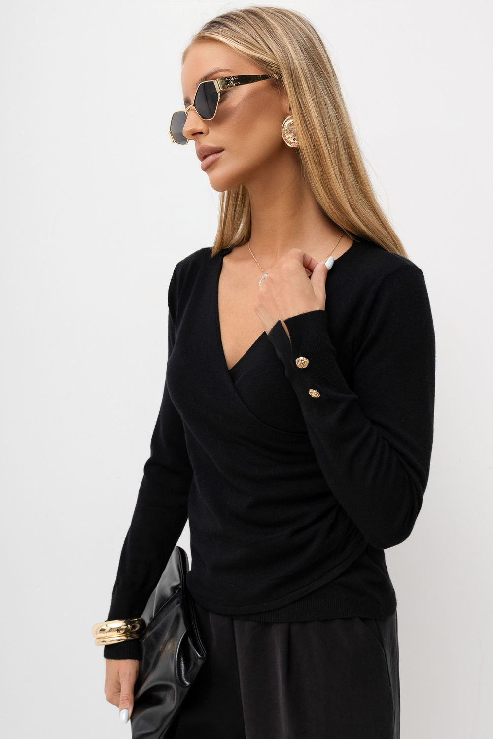 Italy Moda Black Draped Wrap Long Sleeve Jumper