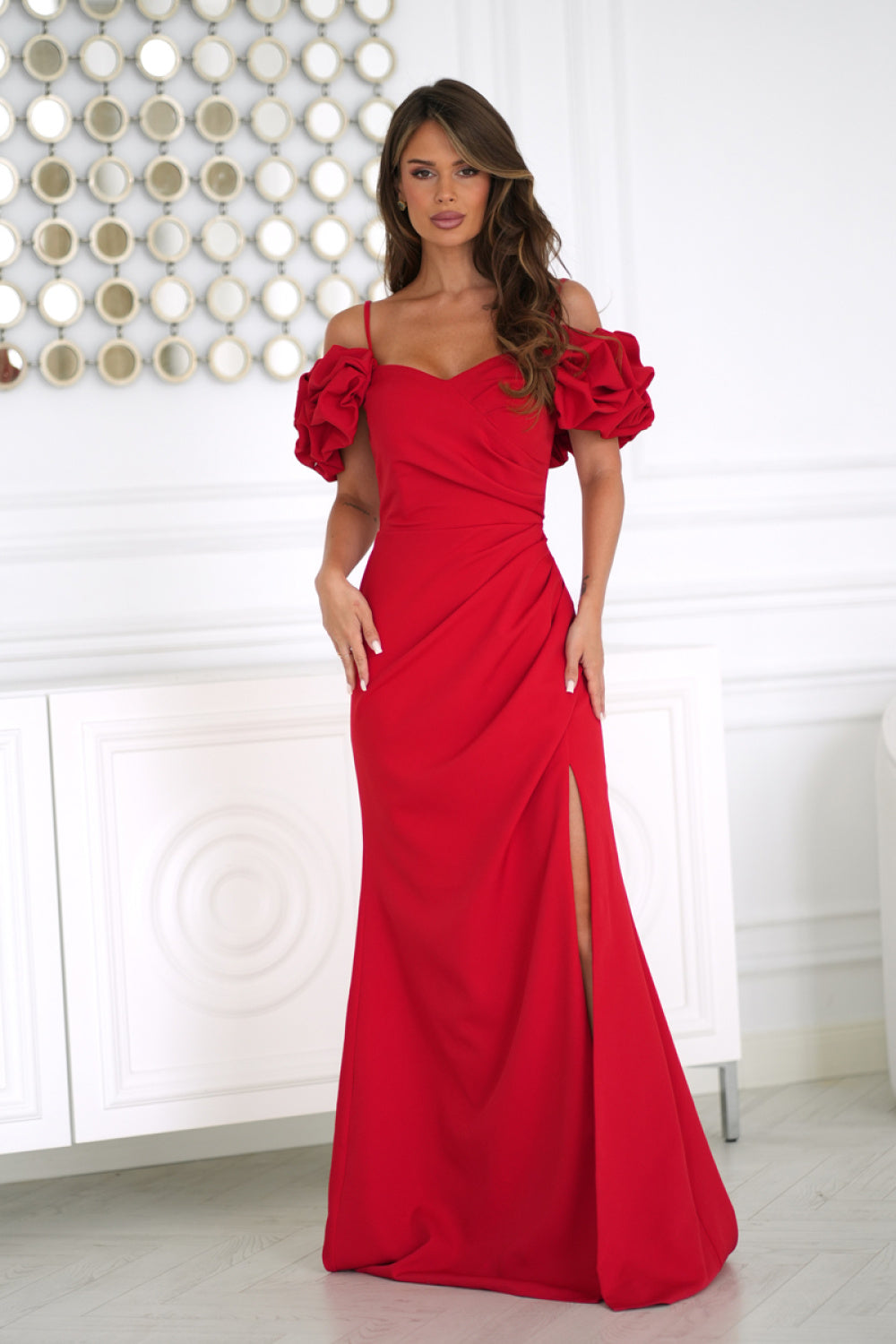 Bicotone Red Draped Floral Bodycon Maxi Dress - view 2
