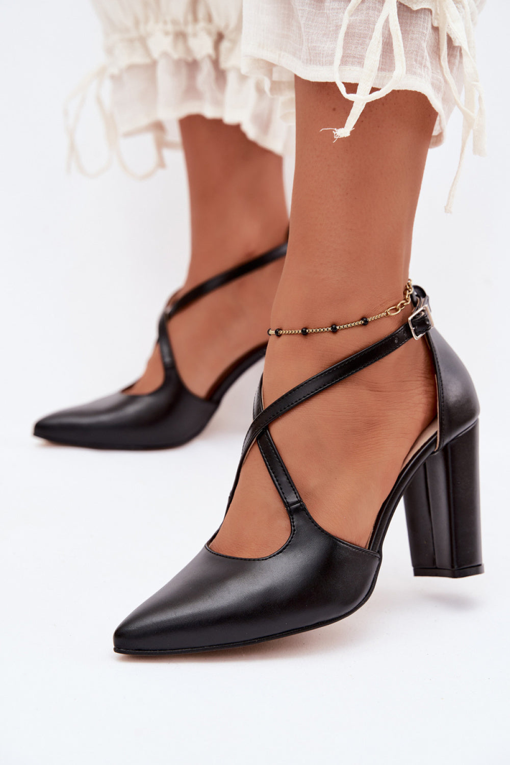 Step In Style Zazoo Black Faux Leather Block Heel Court Shoes