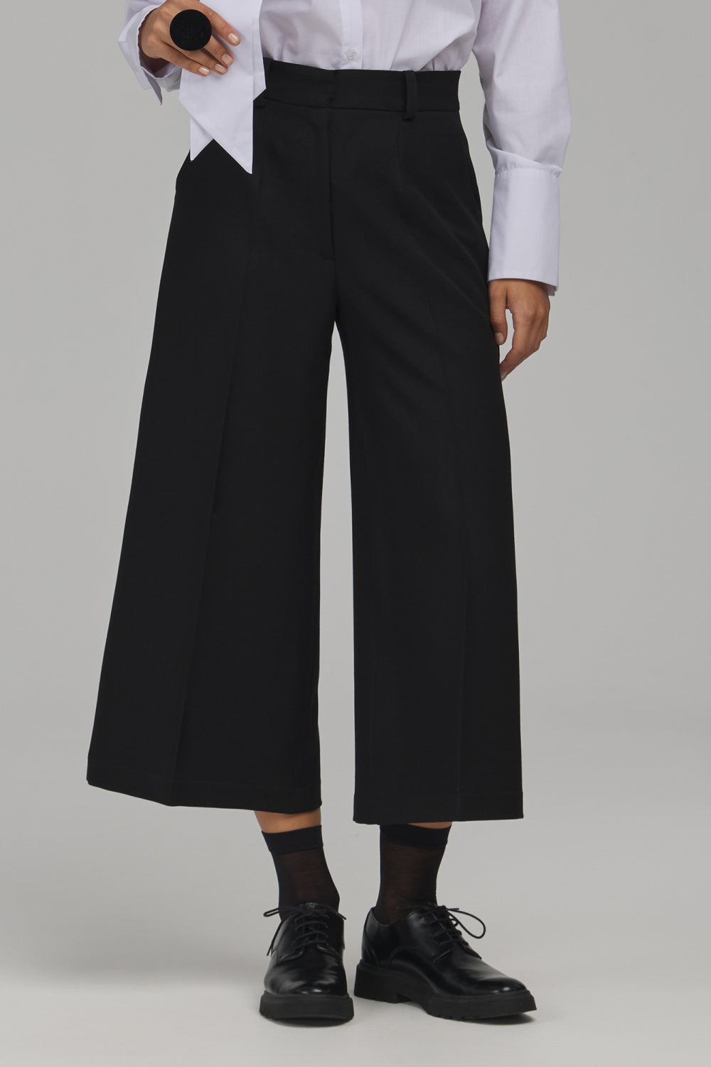 Nife Black Cropped Wide Leg High Waisted Trousers