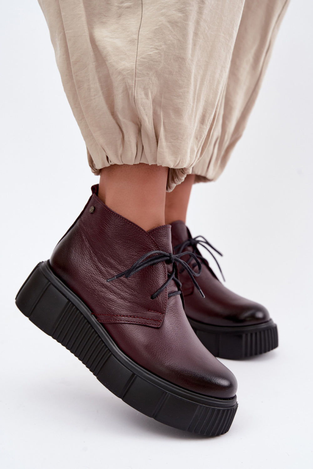 Step In Style Zazoo Burgundy Leather Warm Lined Platform Shoes