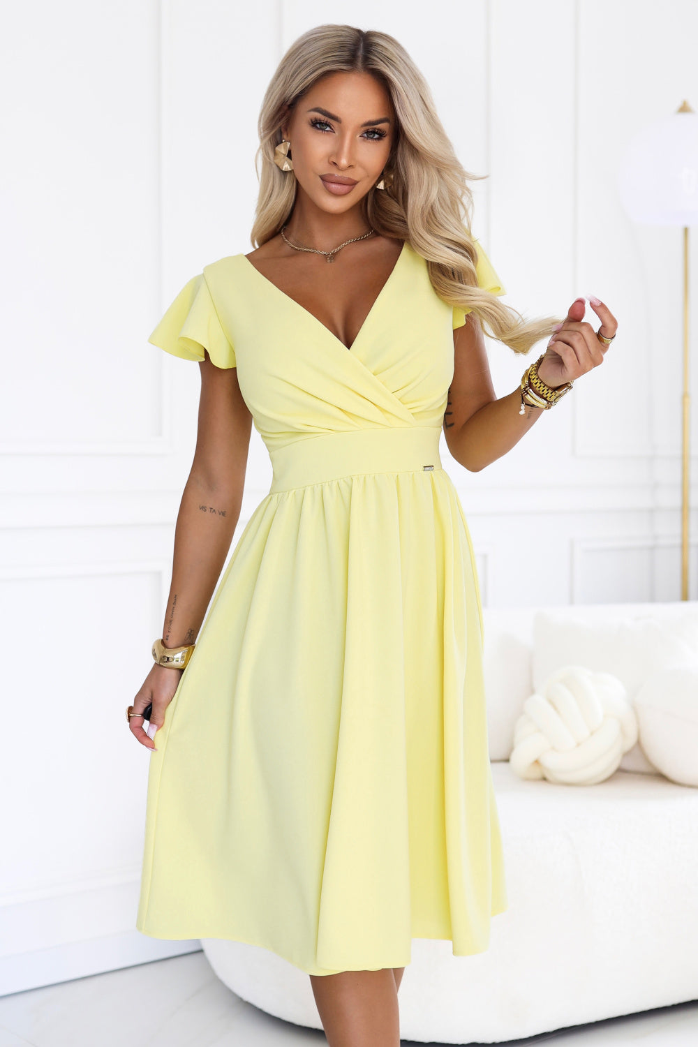 Numoco Matilde Yellow Midi Wrap Evening Dress