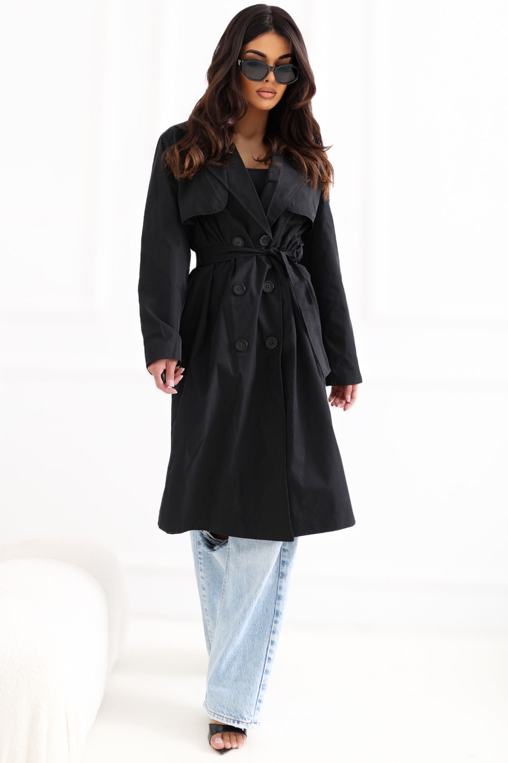 Rue Paris Black Button Front Long Sleeve Coat