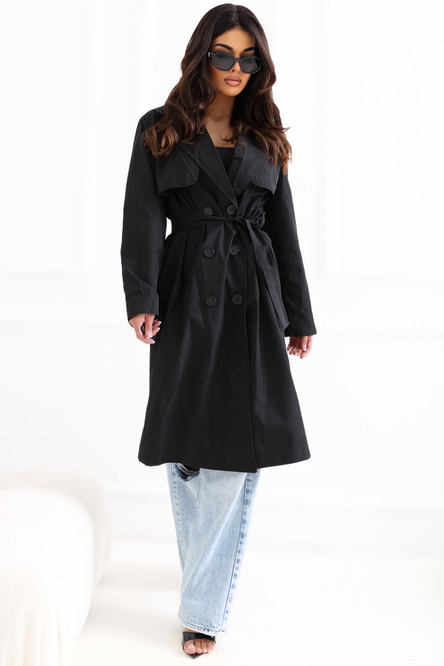 Rue Paris Black Button Front Long Sleeve Coat