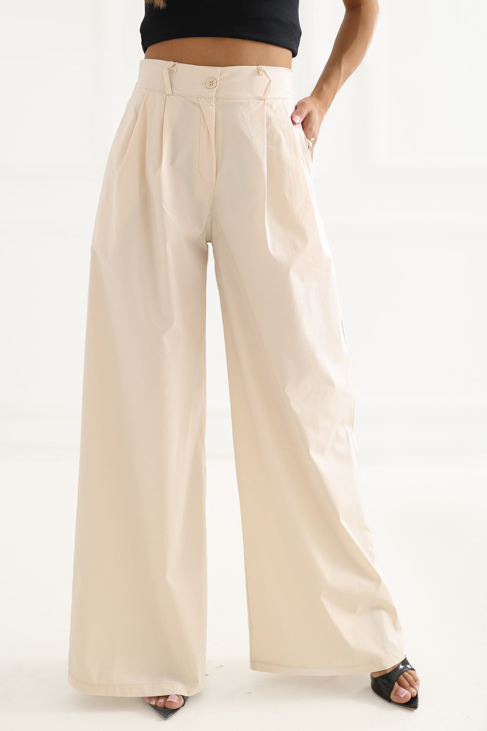 Rue Paris Light Beige Pleated Cotton Trousers