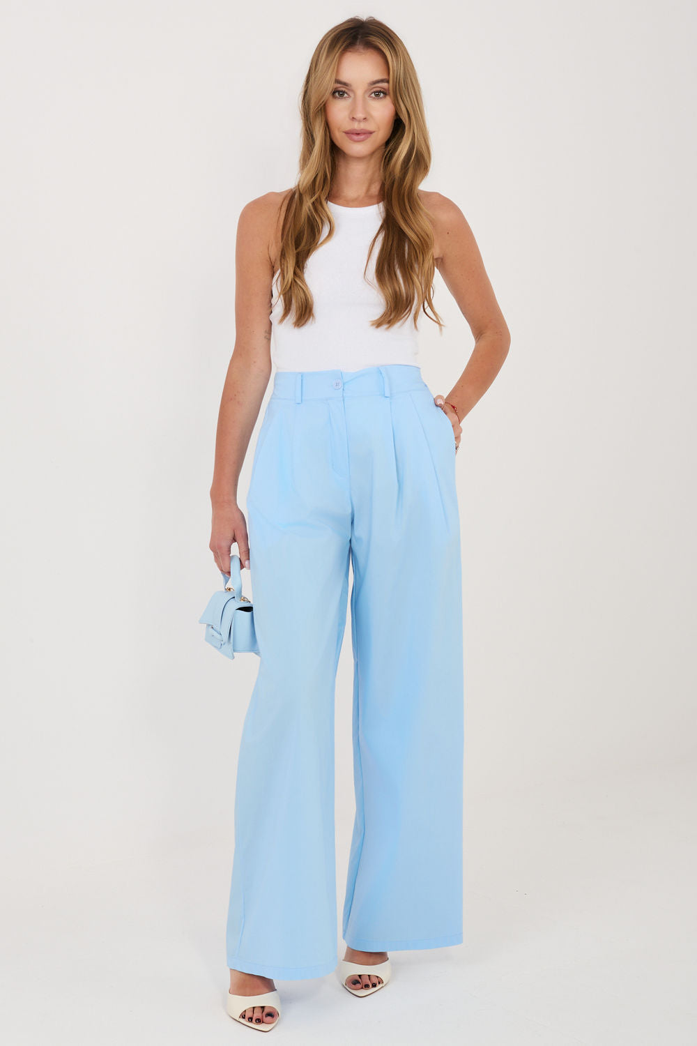 Rue Paris Light Blue Pleated Cotton Trousers