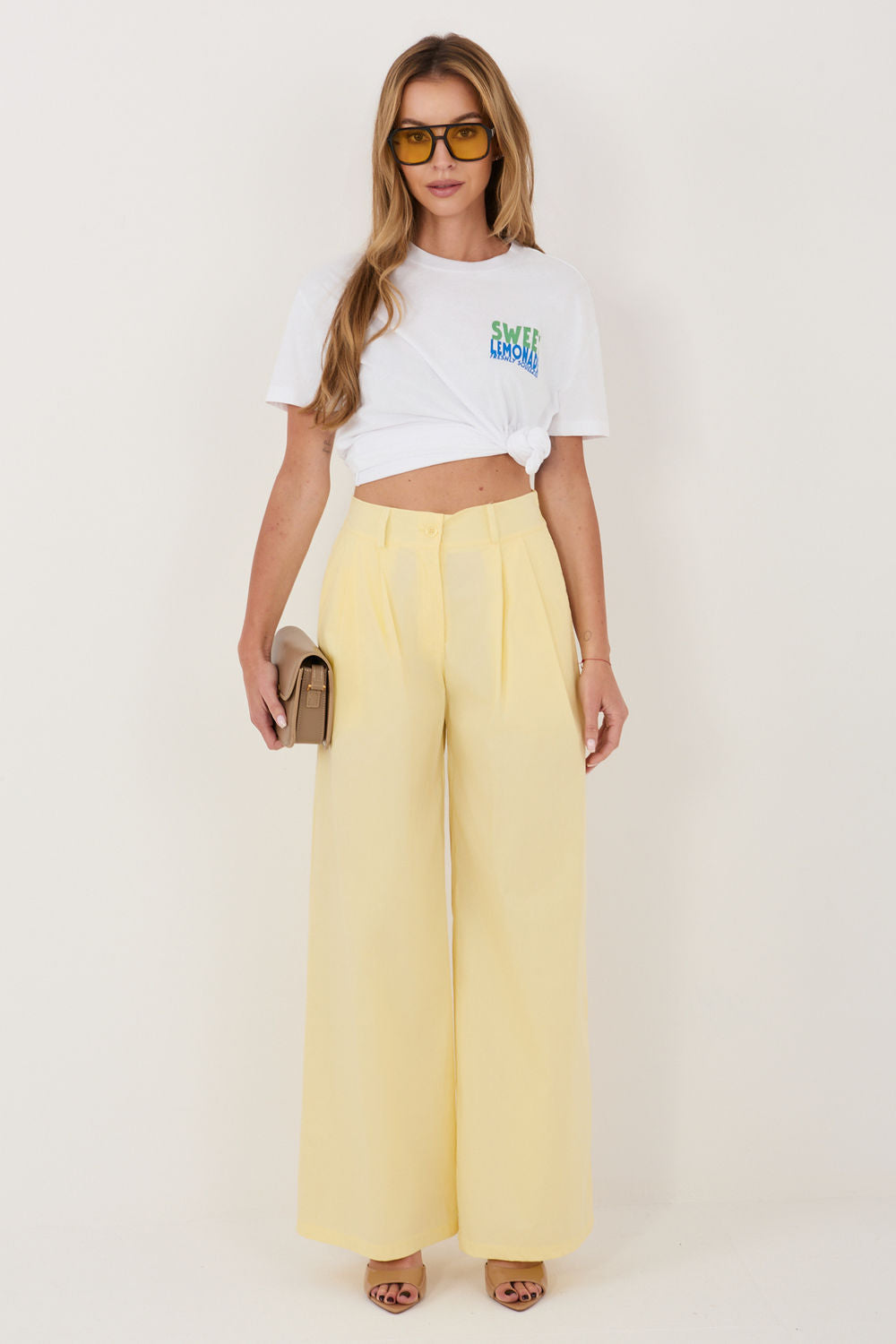 Rue Paris Light Yellow Pleated Cotton Trousers