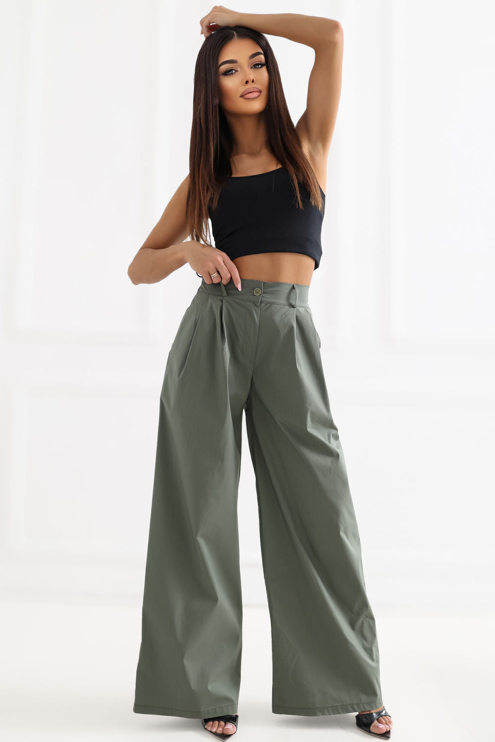 Rue Paris Khaki Pleated Cotton Trousers - view 2