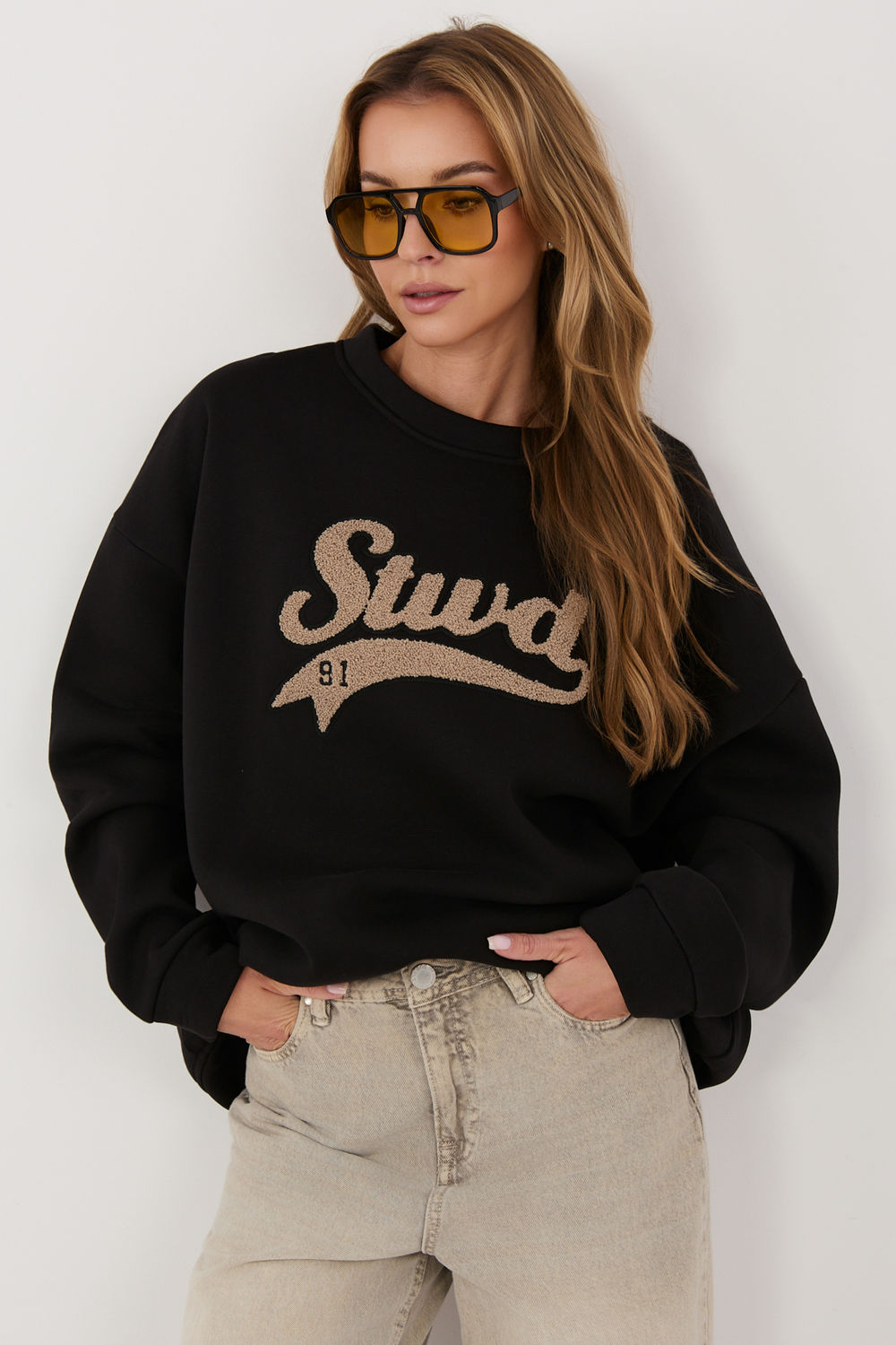 Rue Paris Black Long Sleeve Cotton Sweatshirt with Embroidery