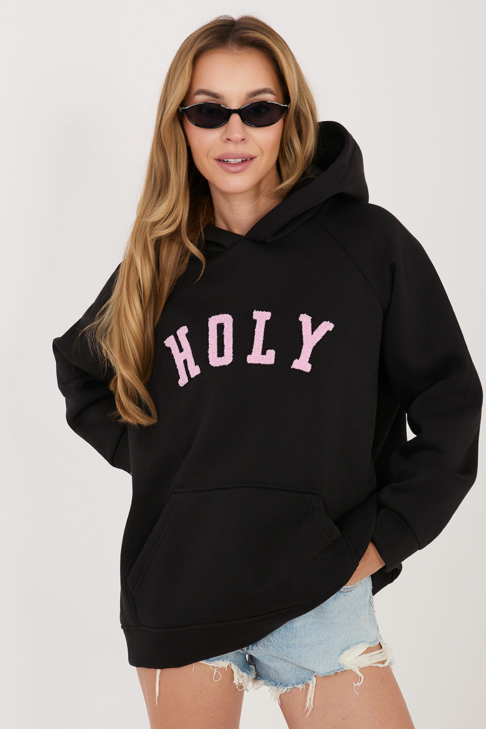 Rue Paris Black Hooded Long Sleeve Cotton Sweatshirt with Pockets