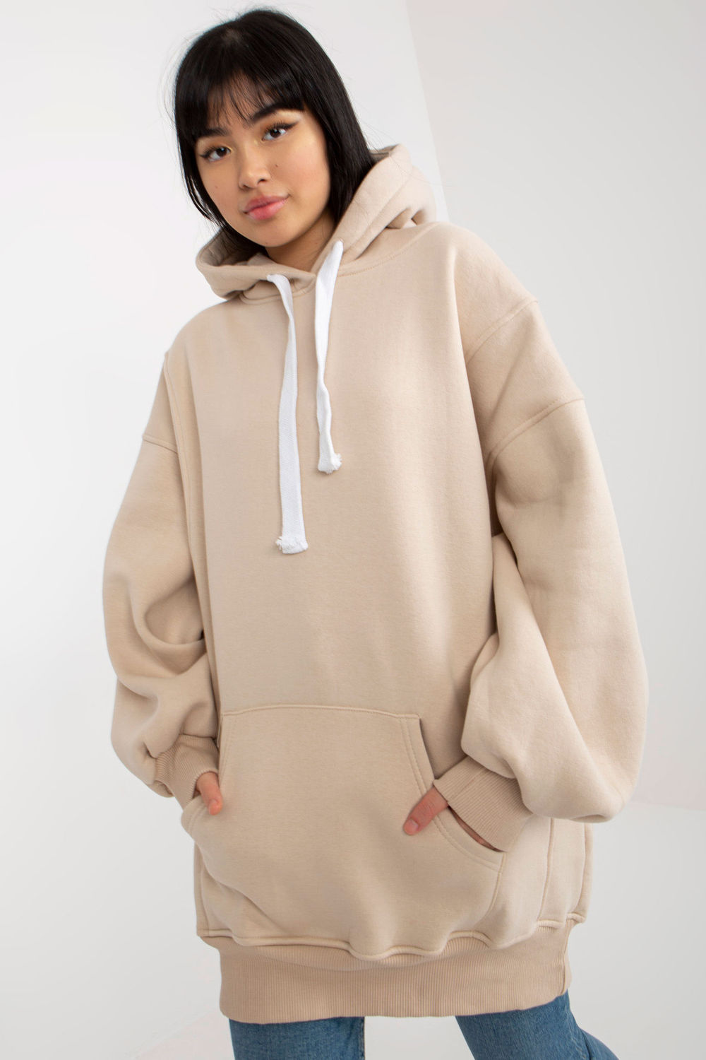 Ex Moda Beige Hooded Long Sleeve Sweatshirt with Pockets