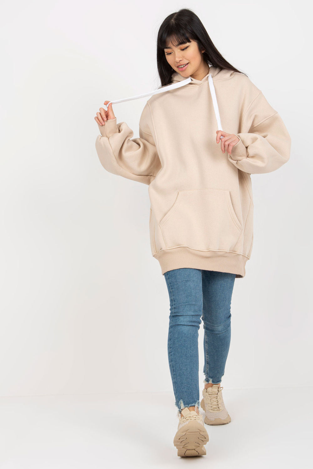 Ex Moda Beige Hooded Long Sleeve Sweatshirt with Pockets - view 2