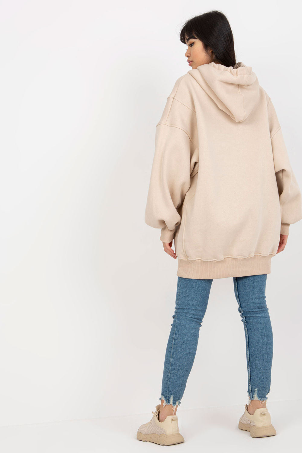 Ex Moda Beige Hooded Long Sleeve Sweatshirt with Pockets - view 3