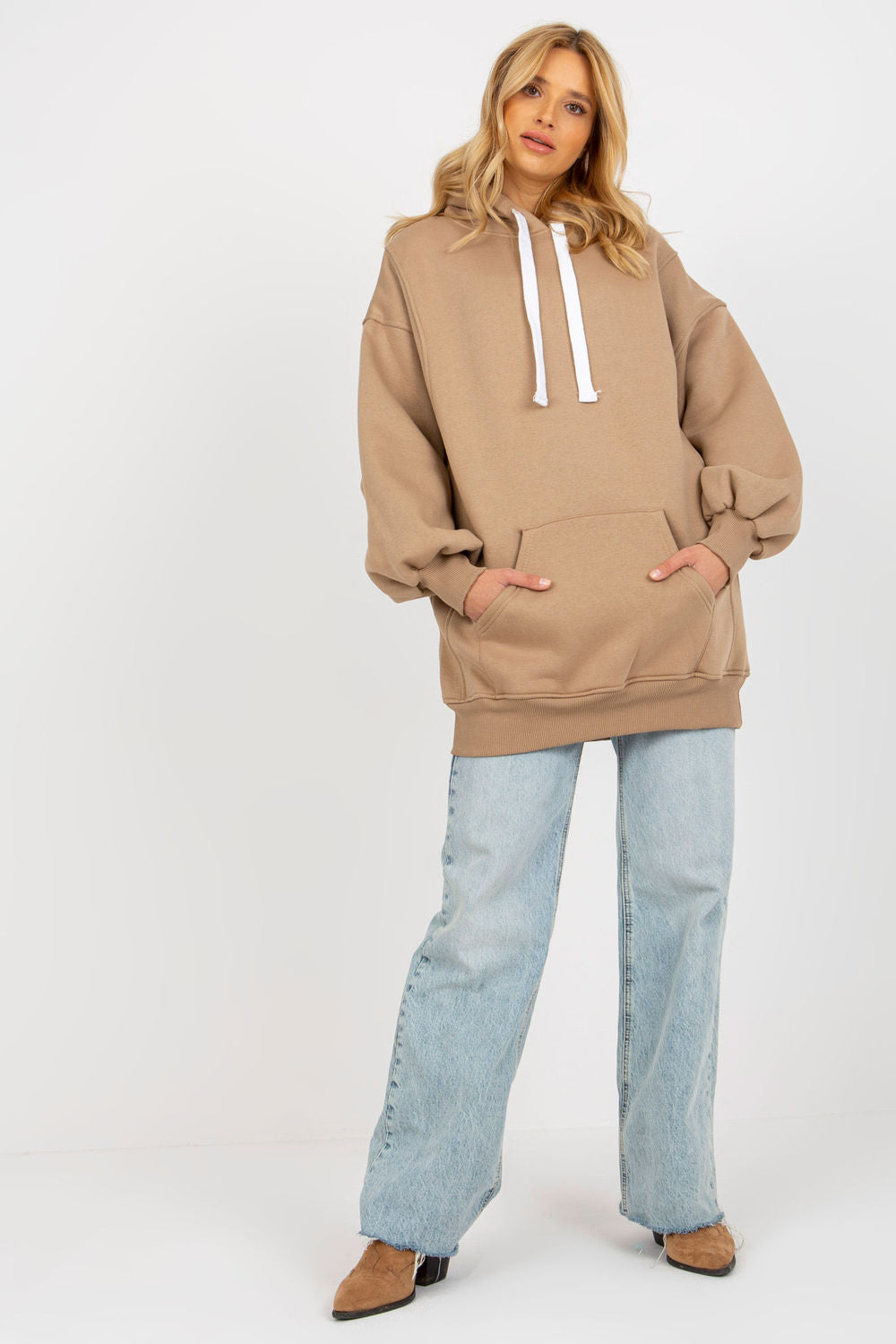 Ex Moda Dark Beige Hooded Long Sleeve Sweatshirt with Pockets - view 2