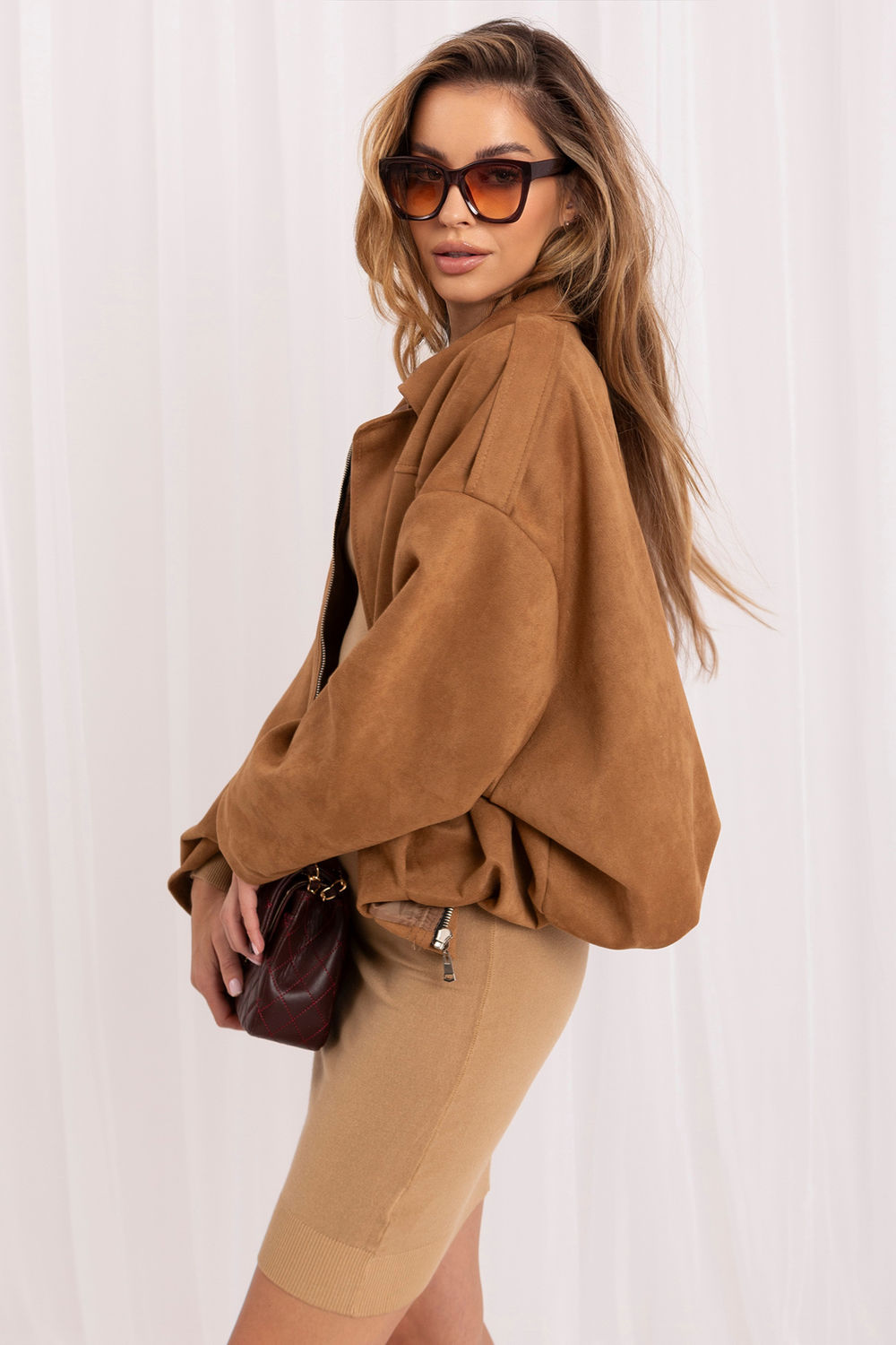 Italy Moda Camel Suede Zip Up Jacket - view 2