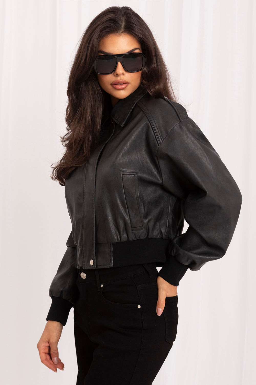 Italy Moda Black Collared Faux Leather Zip Up Jacket - view 2