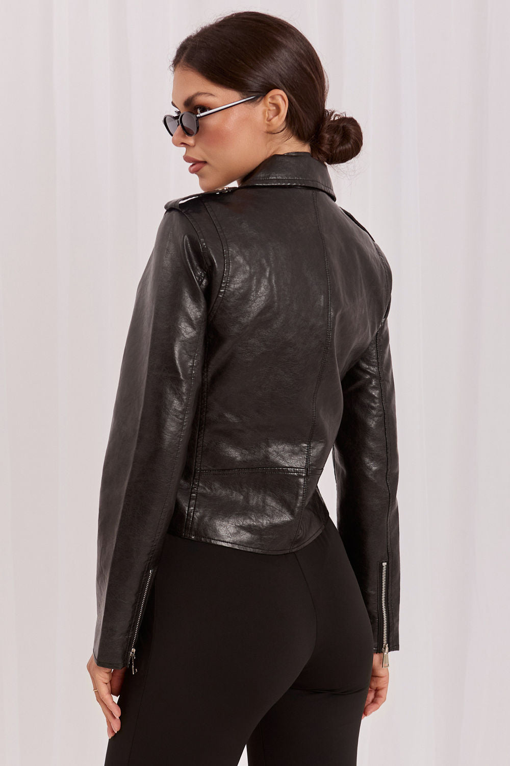 Italy Moda Black Polyurethane Faux Leather Zip Up Jacket - view 3