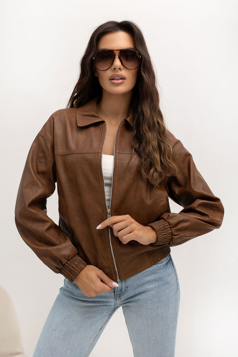 Italy Moda Light Brown Faux Leather Zip Up Jacket