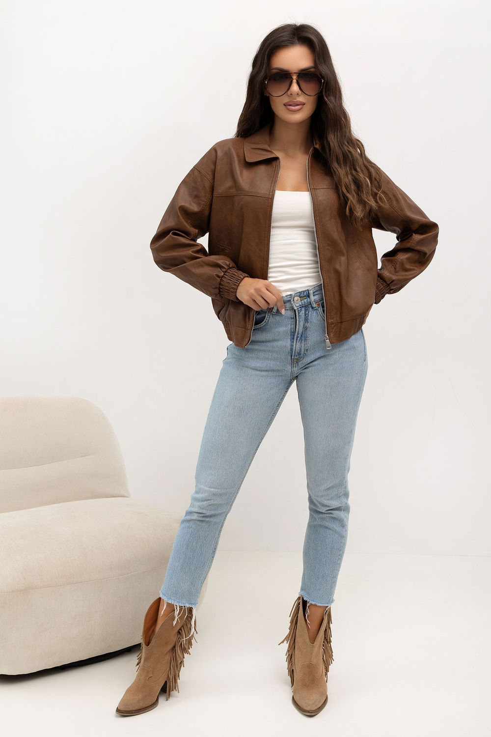 Italy Moda Light Brown Faux Leather Zip Up Jacket - view 2