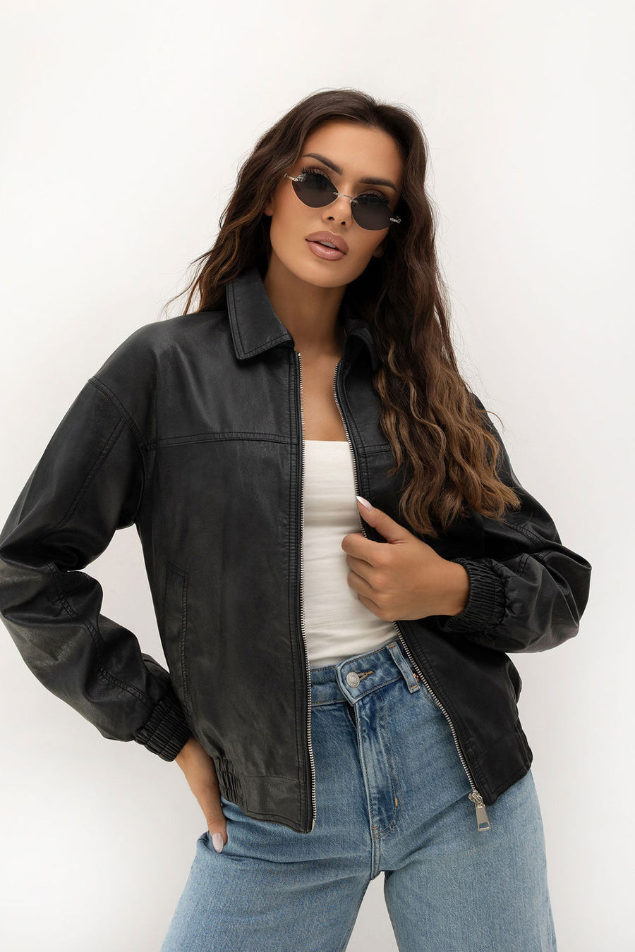 Italy Moda Black Faux Leather Zip Up Jacket