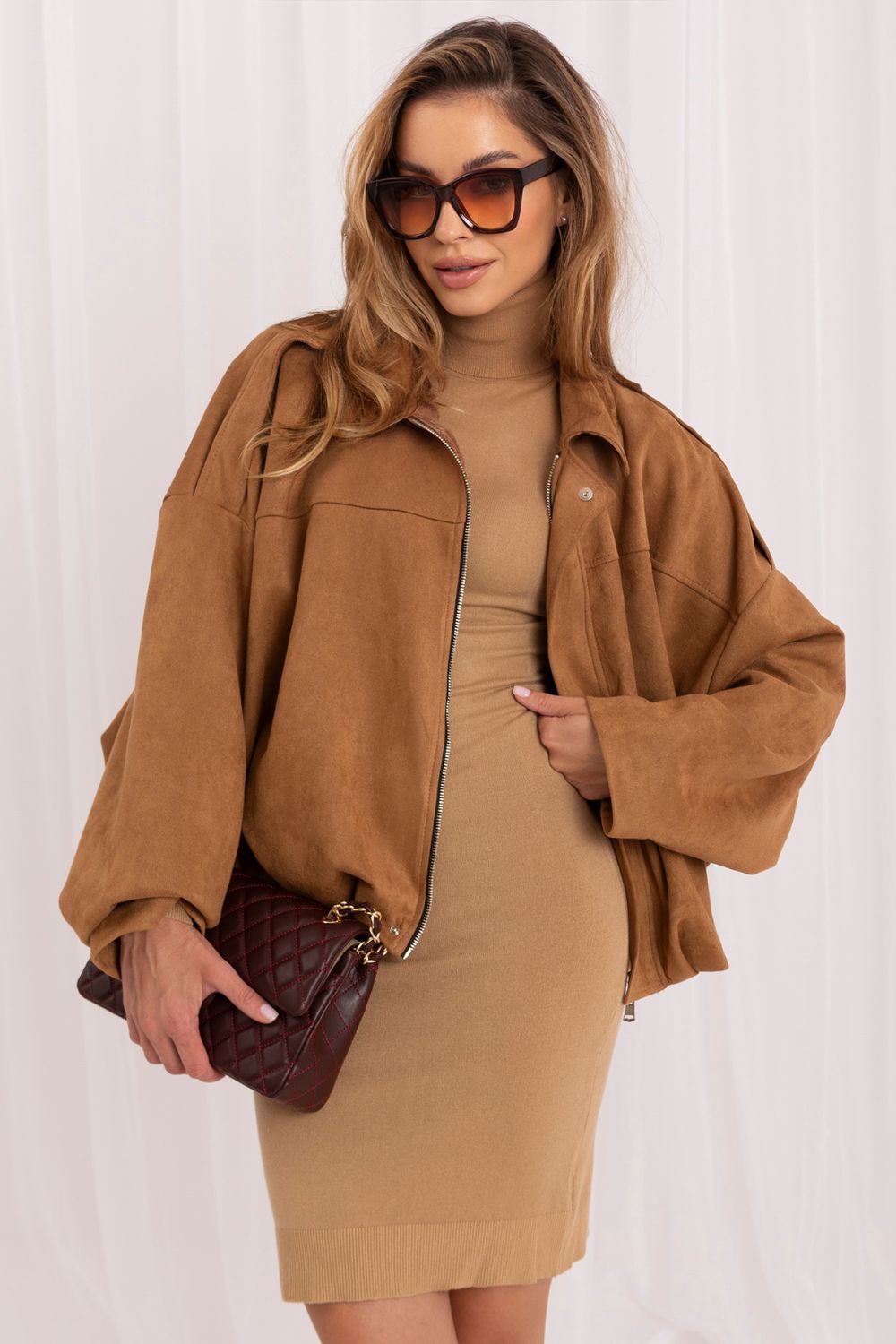 Italy Moda Camel Suede Zip Up Jacket - view 3